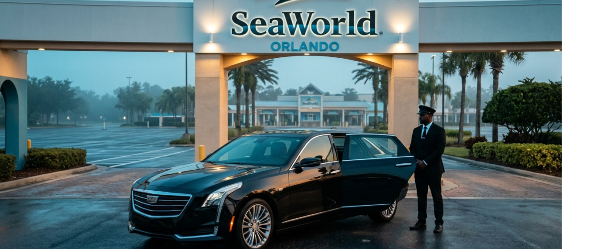 black luxury sedan (Lincoln MKZ or Cadillac CT5) parked at the main entrance of SeaWorld
