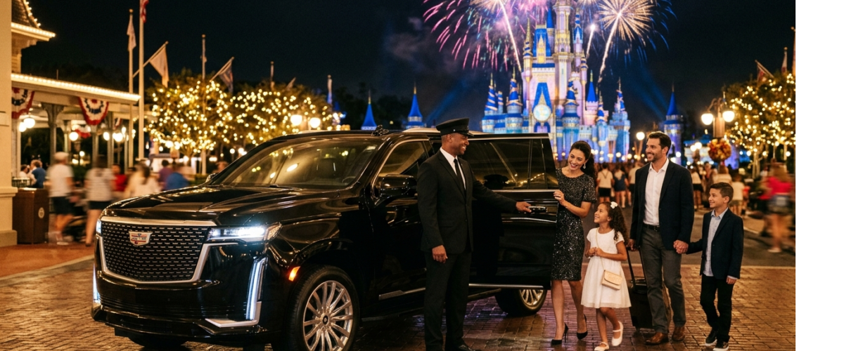 luxury black Cadillac Escalade at the entrance of Walt Disney World Magic Kingdom
