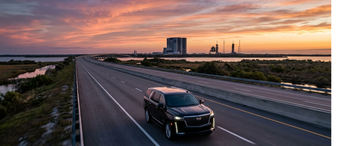 luxury black Cadillac Escalade driving