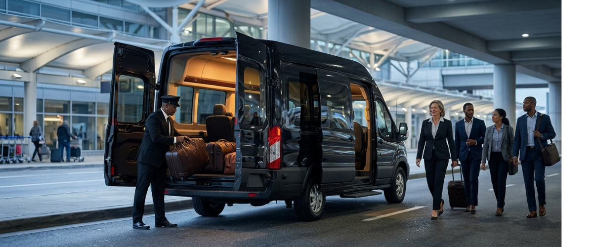 luxury black Ford Transit passenger van