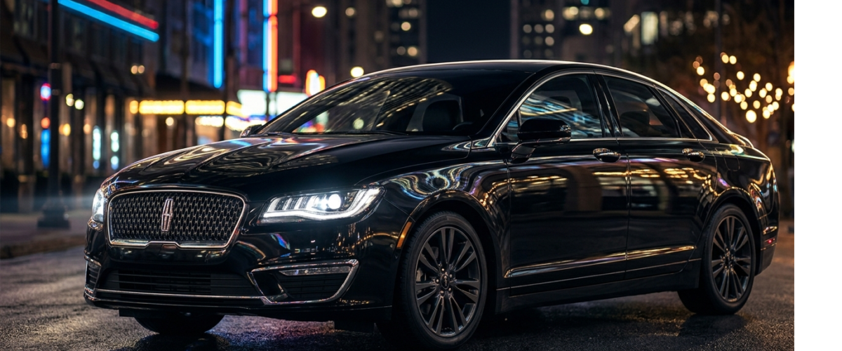 luxury black Lincoln MKZ sedan wet urban street in downtown Orlando at night