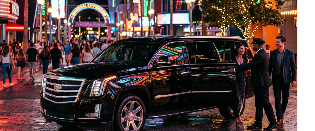 luxury black SUV Universal CityWalk Orlando at night